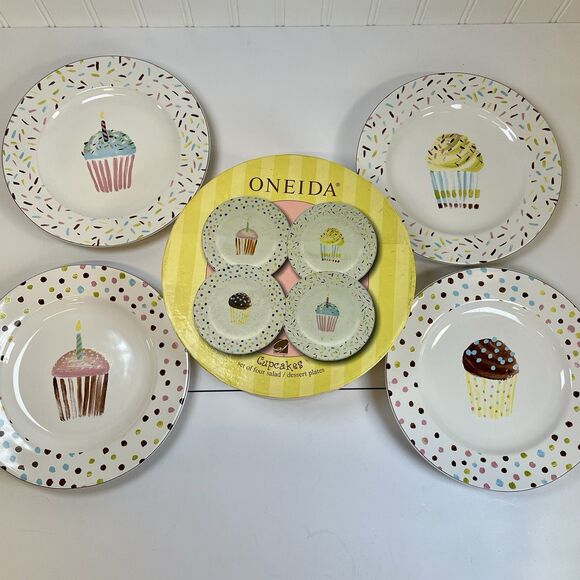 Oneida Set of 4‎ Jennifer Sosik Stoneware Cupcake SALAD/DESSERT PLATES NIB READ - Picture 10 of 10